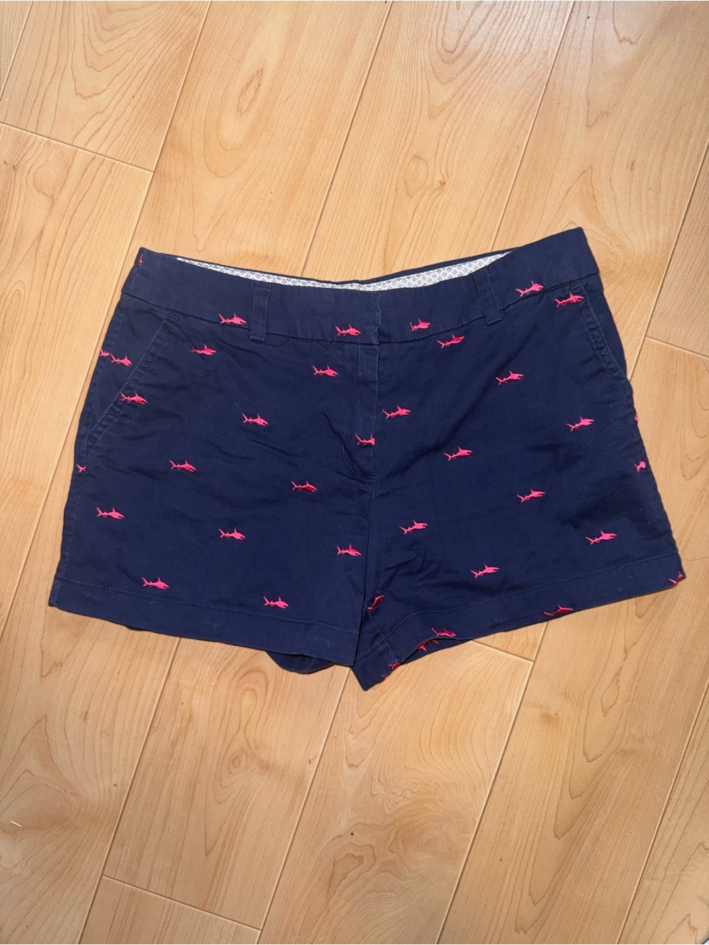 British Khaki Navy Blue Shorts with Pink Shark Embroidery size 6